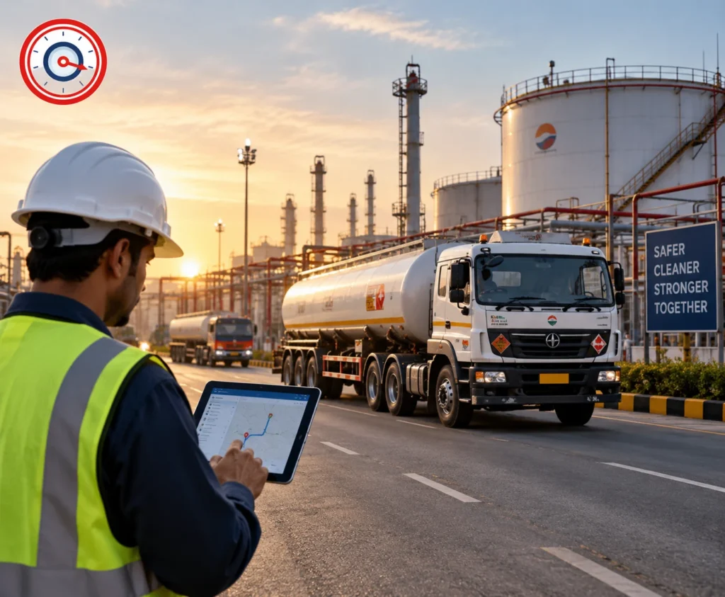Indian oil and gas fleet manager monitoring tanker operations with GPS tracking at a petroleum terminal