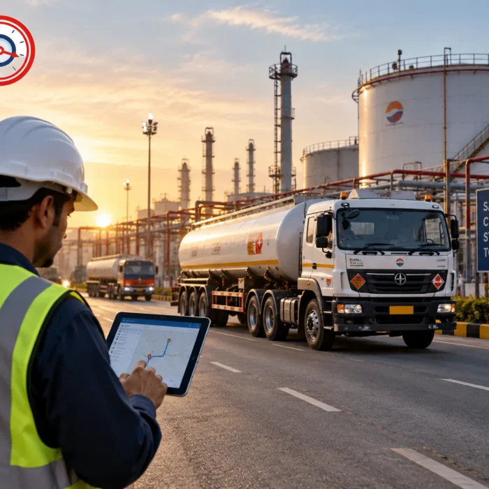 Indian oil and gas fleet manager monitoring tanker operations with GPS tracking at a petroleum terminal