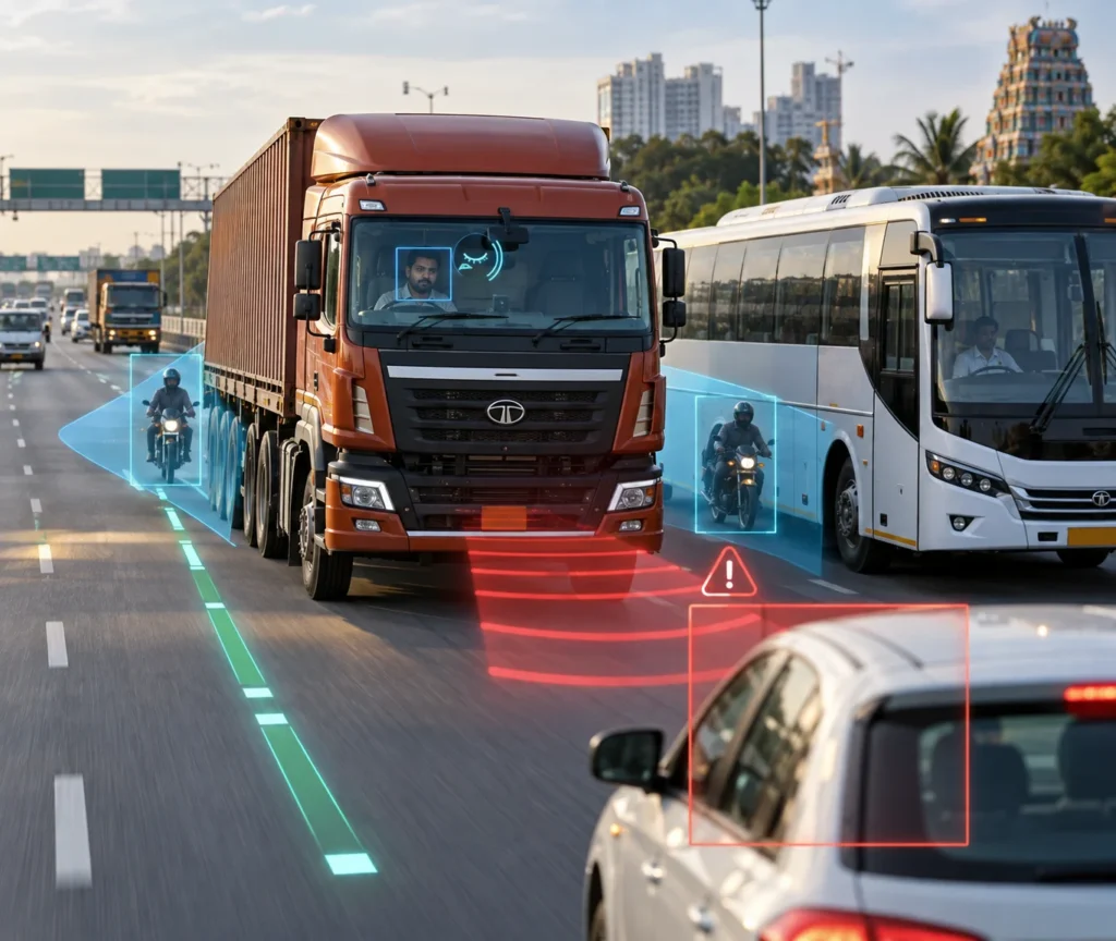 ADAS safety systems for commercial vehicles in India showing truck collision warning, lane monitoring, blind-spot detection and driver monitoring