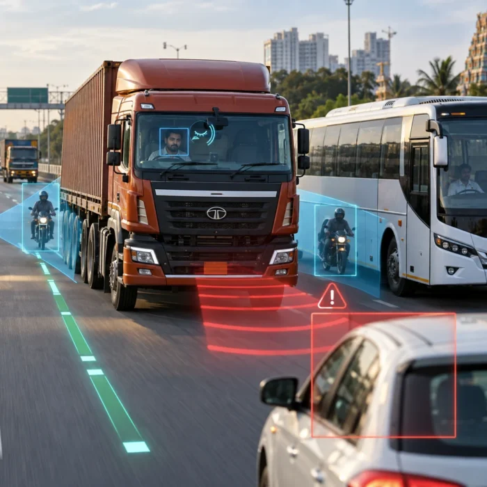 ADAS safety systems for commercial vehicles in India showing truck collision warning, lane monitoring, blind-spot detection and driver monitoring