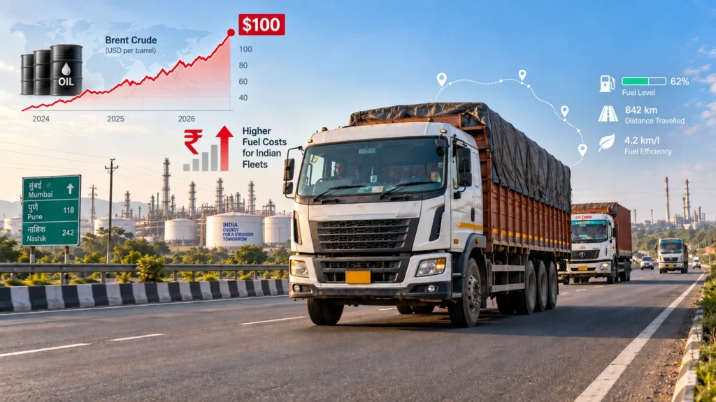 Indian commercial truck on highway representing the impact of rising Brent crude oil prices and fuel costs on fleets in 2026.