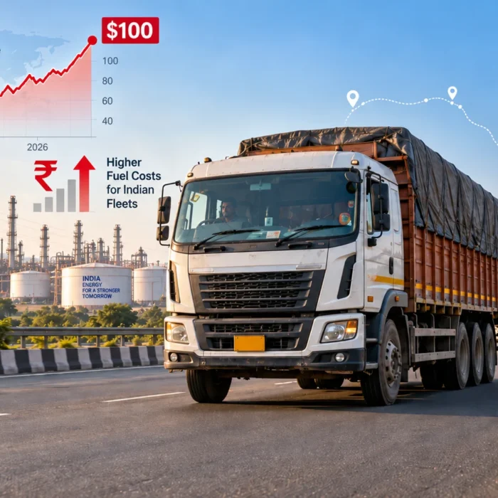 Indian commercial truck on highway representing the impact of rising Brent crude oil prices and fuel costs on fleets in 2026.