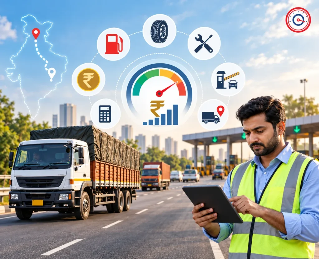 Fleet manager calculating fleet cost per kilometer in India with fuel, tyre, maintenance, toll and route cost indicators