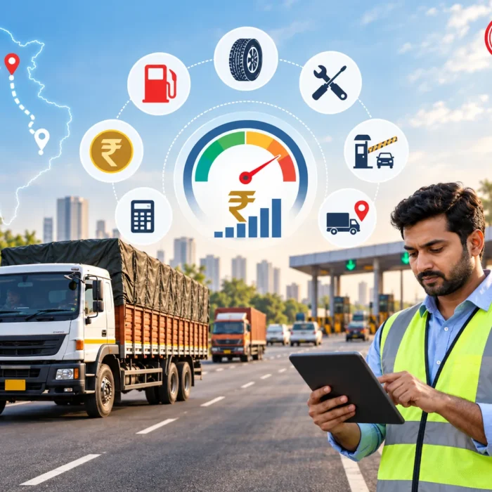 Fleet manager calculating fleet cost per kilometer in India with fuel, tyre, maintenance, toll and route cost indicators