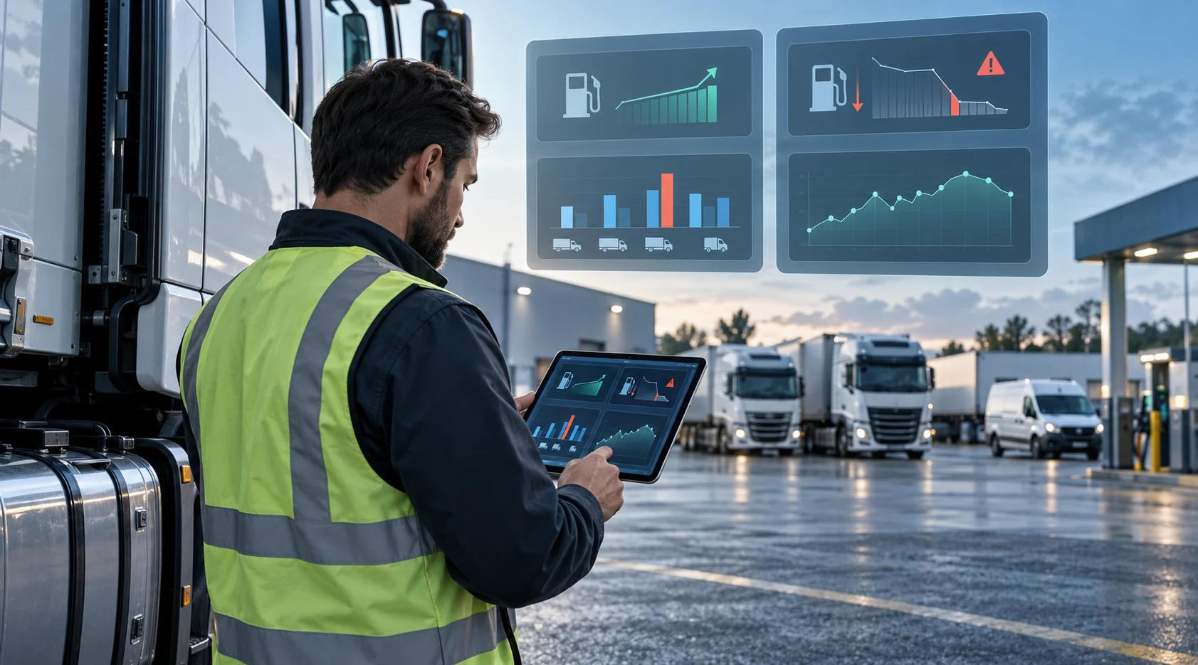 Fleet fuel event monitoring showing refuelling, fuel drops, consumption trends and fuel analytics