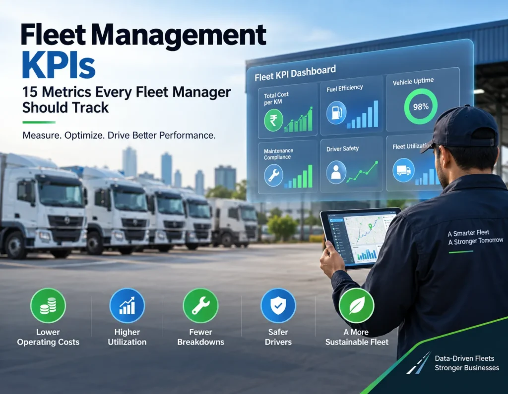 Fleet management KPIs dashboard showing cost, fuel efficiency, vehicle uptime, utilization and driver safety metrics