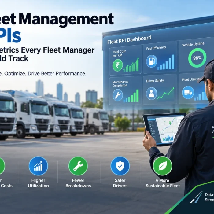 Fleet management KPIs dashboard showing cost, fuel efficiency, vehicle uptime, utilization and driver safety metrics