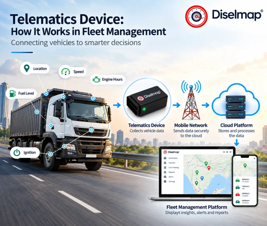 Telematics device connecting vehicle data through mobile network and cloud fleet management platform