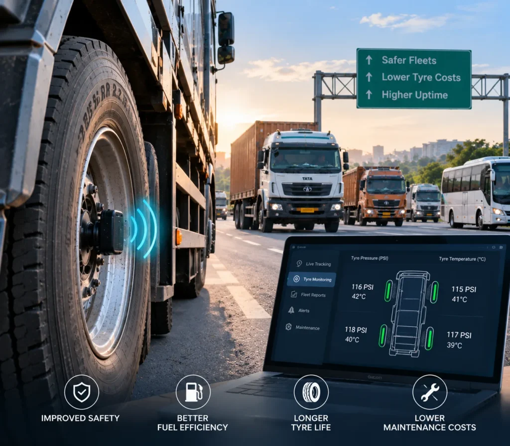 TPMS monitoring tyre pressure and temperature on Indian commercial fleet trucks