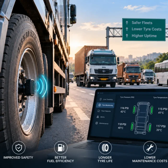 TPMS monitoring tyre pressure and temperature on Indian commercial fleet trucks
