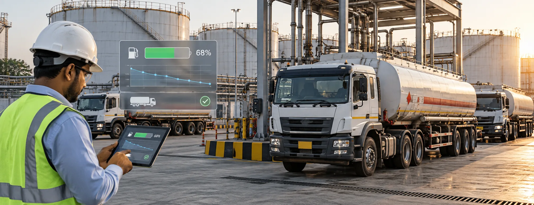 Fuel monitoring for oil and gas fleets with tanker trucks, fuel level data, and fleet dashboard