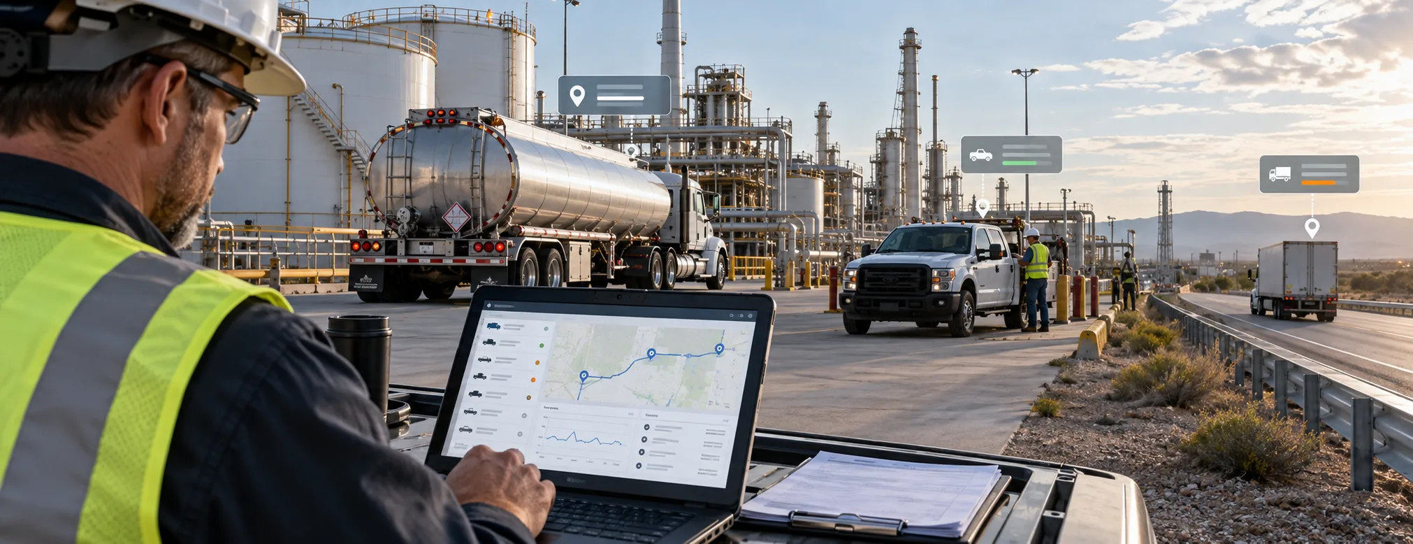 Oil and gas fleet telematics with tanker trucks, vehicle tracking, and connected fleet monitoring