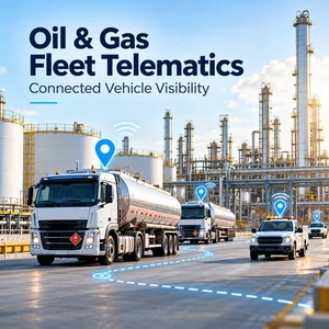 Oil and gas fleet telematics with tanker trucks, GPS tracking, and connected vehicle visibility