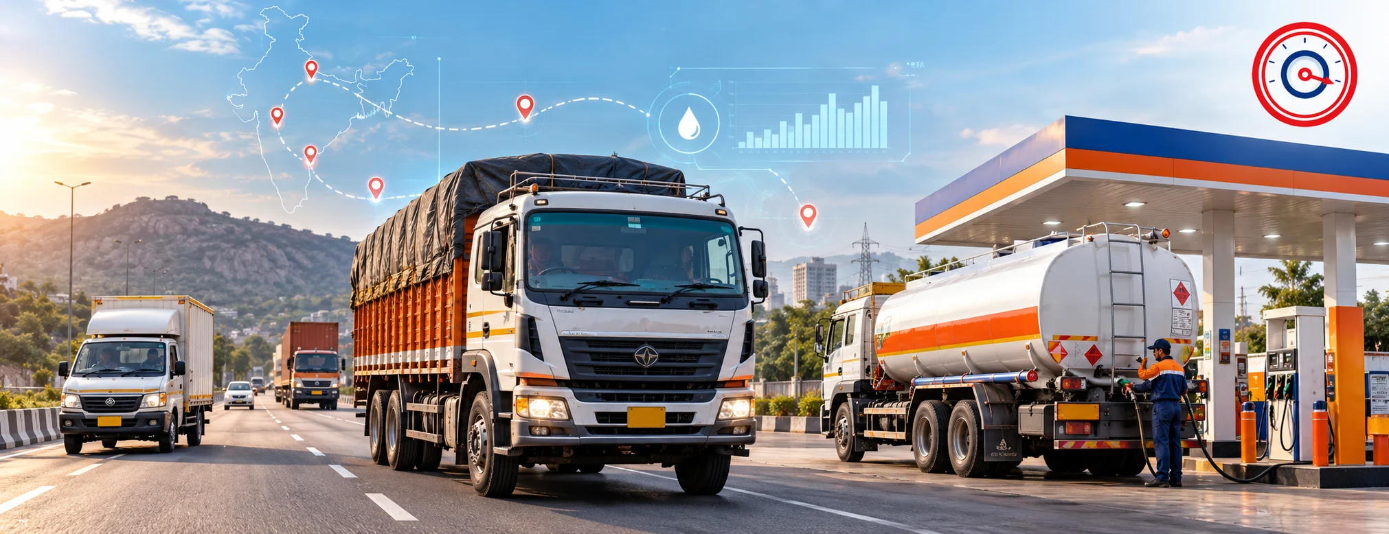 Indian commercial fleet vehicles with fuel station and fuel cost monitoring