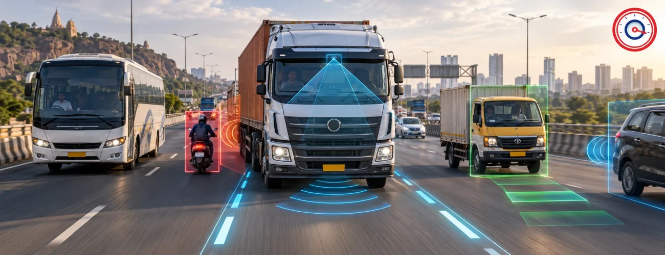 ADAS for commercial vehicles in India showing truck, bus and light commercial vehicle with lane, blind-spot and collision detection