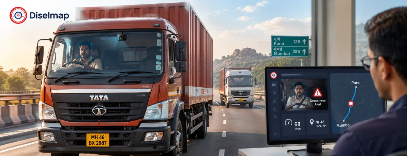 AI driver monitoring for Indian commercial trucks with drowsiness alert and fleet tracking dashboard
