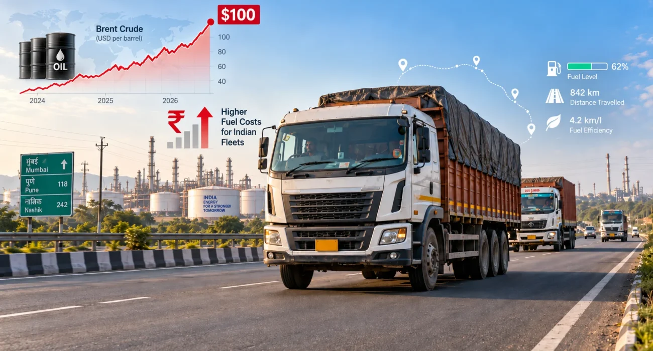 Indian commercial truck on highway representing the impact of rising Brent crude oil prices and fuel costs on fleets in 2026.