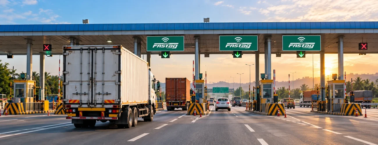 arrier-free tolling in India with FASTag toll plaza and commercial trucks on the highway