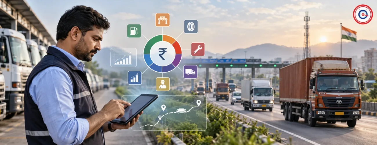 Indian fleet manager analyzing fleet cost per kilometer with fuel, maintenance, toll, tyre and route cost data