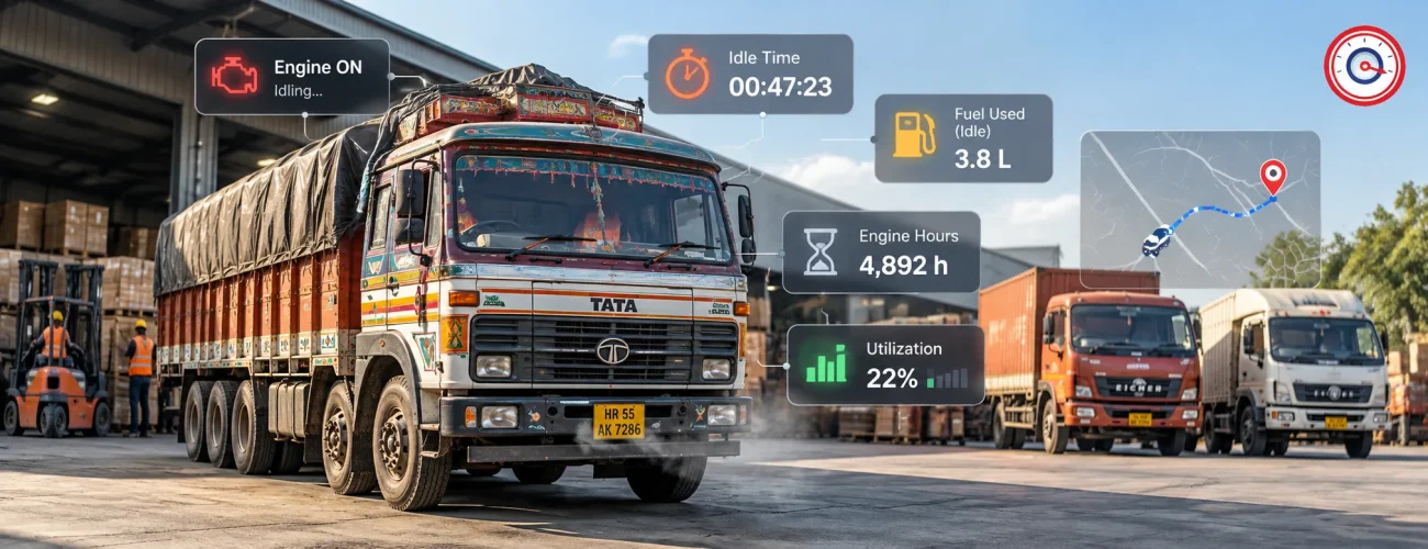 Fleet idle time monitoring with telematics showing engine hours and fuel waste on Indian commercial trucks