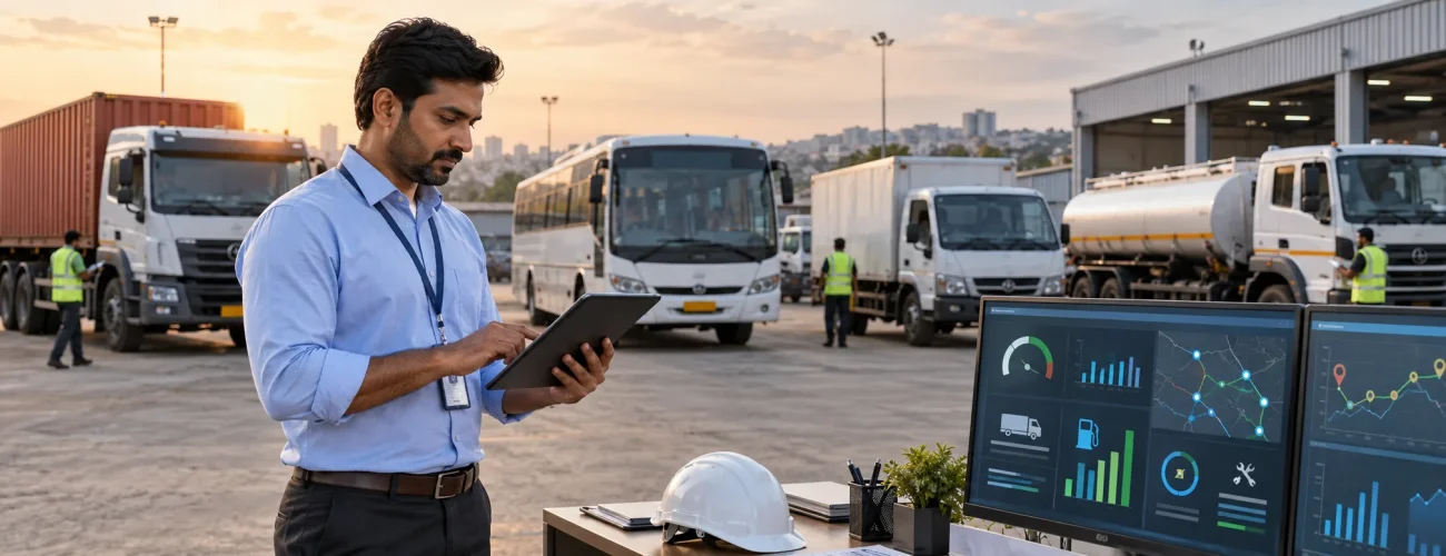Fleet manager monitoring fleet management KPIs for trucks, buses and commercial vehicles in India