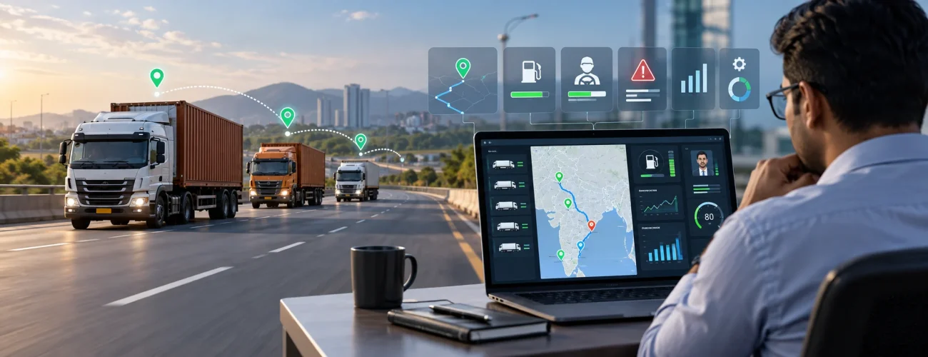 Fleet tracking vs fleet visibility dashboard showing GPS tracking, telematics, fuel monitoring and commercial vehicles